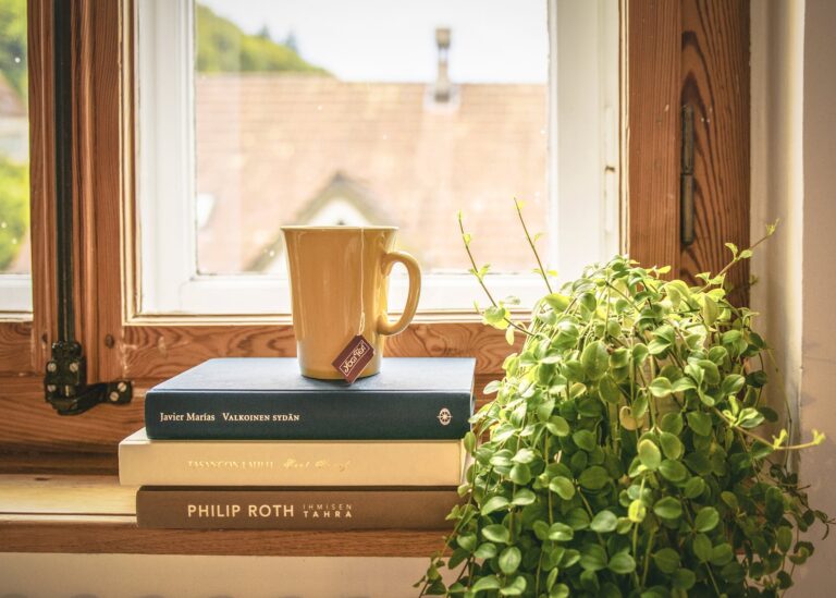 green leafed plant beside books and mug