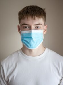 unemotional young man wearing protective respirator